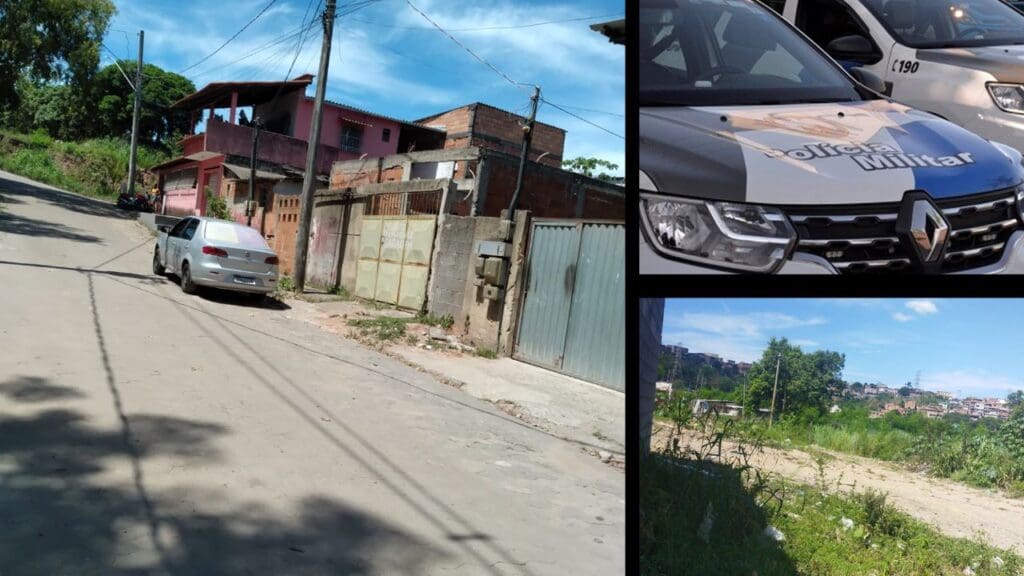 3 imagens na primeira uma rua com um carro estacionado, na segunda 2 viaturas da PM, e na terceira imagem uma estrada de terra