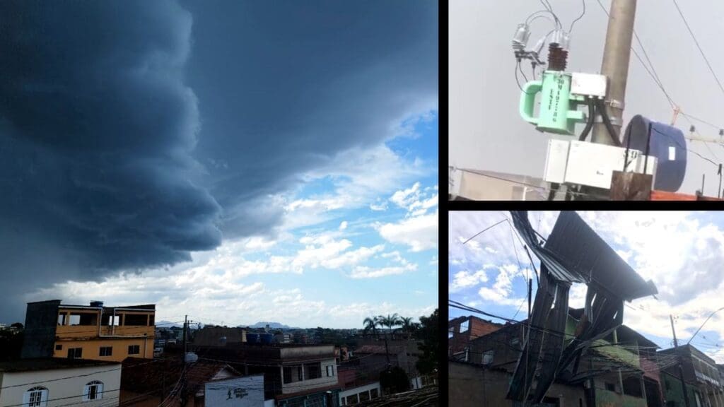 Arte com 3 imagens na 1ª imagem uma nuvem carregada sobre um bairro da Serra 2ª imagem um poste e uma caixa d'água presa em fios de alta tensão e na 3ª imagem uma estrutura de um telhado pendurado em fios da rede de energia