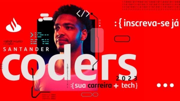 Arte de divulgação do Programa Santander Coders, Uma arte com a sombra de um jovem com o fundo todo monocromático em vermelho com as descrições em branco