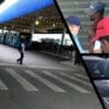 Arte com 3 imagens na primeira foto da parte interna do Terminal de Laranja, na segunda um homem sem camisa é algemado por seguranças do terminal, na terceira duas viaturas da polícia militar estacionadas