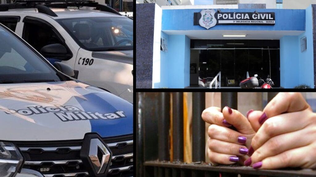 Arte com três imagens, na primeira duas viaturas estacionadas, na segunda imagem a sede da 3ª Delegacia Regional localizada na Serra-ES, e na terceira imagem duas mãos femininas com as unhas pintadas segurando na grade de uma prisão