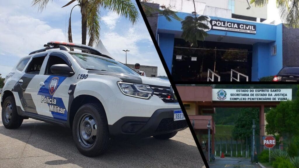 Arte com 3 imagens, na primeira uma viatura da PM estacionada em um local com uma palmeira e ao fundo um lindo céu azul, na segunda à entrada da 3ª Delegacia Regional, localizada na Serra e na terceira imagem a entrada do centro de detenção de Viana na imahem vemos a portaria e do lado direito bastante vegetação