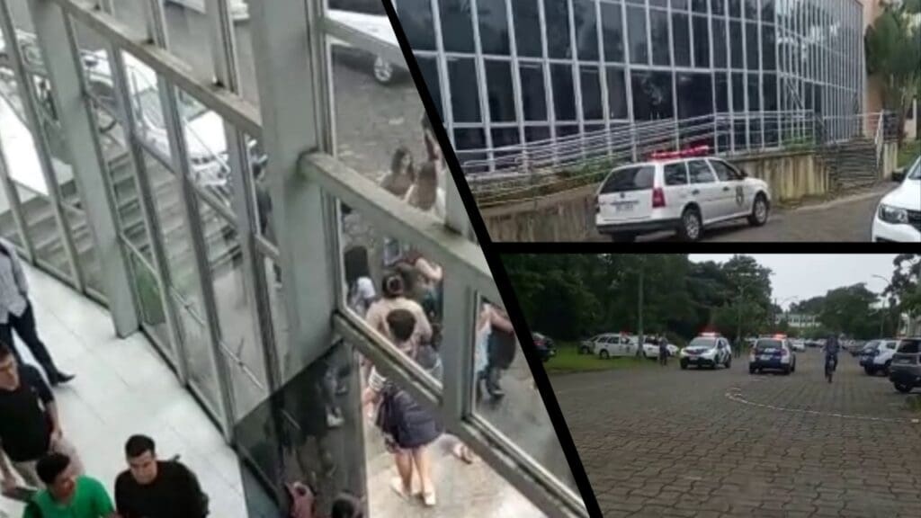 Arte com três imagens, na primeira imagem pessoas correndo do predio de direito da faculdade UFES em Vitória, na segunda imagem a vista da entrada do predio da faculdade UFES com uma viatura estacionada em frente, e na terceira imagem duas viaturas fazendo a ronda no patio da faculdade