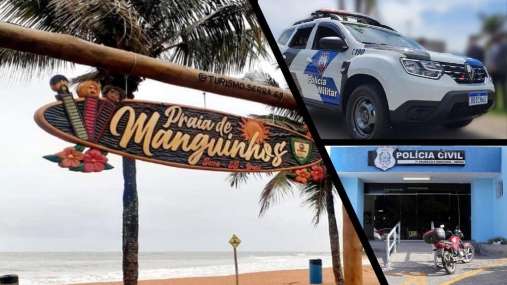 Arte com três imagens, na primeira a praia de Manguinhos ao fundo e um artesanato esculpido em madeira escrito praia de Manguinhos pendurado em um arco também feito de madeira, na segunda Imagem uma viatura da PM estacionada e o fundo da foto esta desfocado, e na terceira a entrada da 3ª Delegacia Regional, localizada em Laranjeiras na Serra