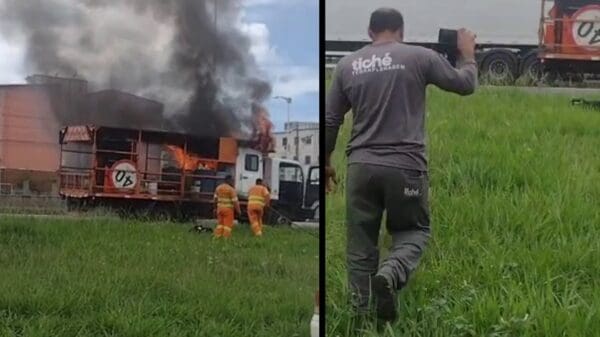 Arte com duas imagens na primeira um caminhão estacionado em um acostamento da BR-101 em chamas e na segunda imagem um homem um homem gravando a ação dos funcionários apagando as chamas com auxílio da água do caminhão pipa do seu caminhão