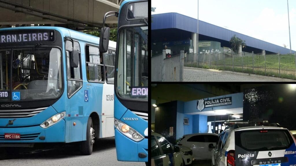 Arte com três imagens, na primeira imagem dois ônibus, na segunda à vista panorâmica do Terminal de Laranjeiras, na terceira imagem a entrada da 3ª Delegacia Regional localizada Serra.