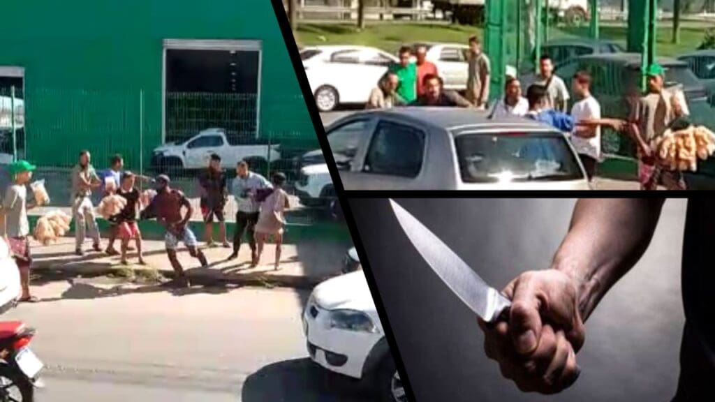 Arte com 3 imagens na primeira em uma rua movimentada um homem é cercado por 10 pessoas enquanto tennta fugir, na segunda imagem um grupo de pessoas em volta de um criminosos caido, e na terceira um hoemem seguarndo uma faca