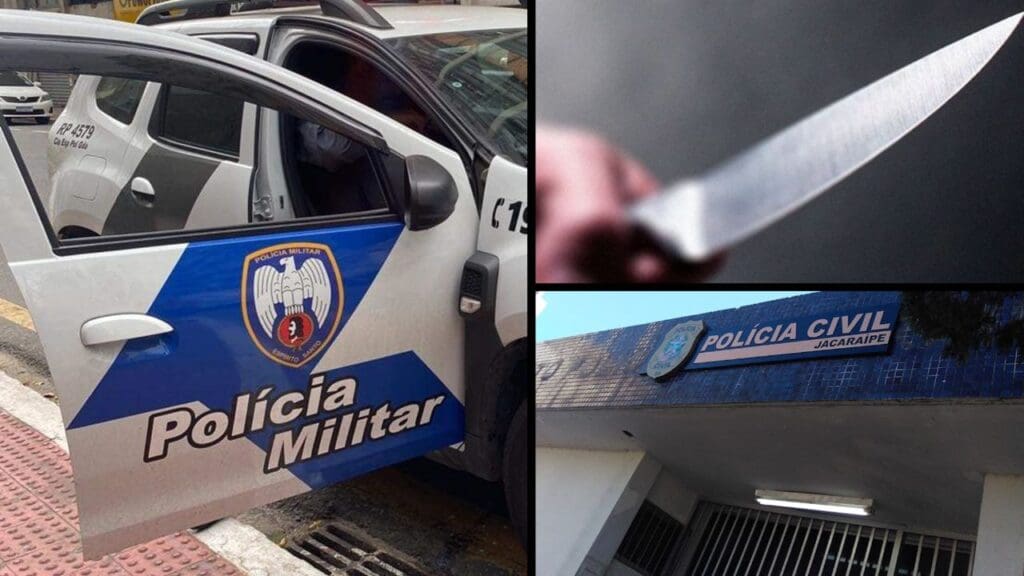 Arte com 3 imagens na primeira uma viatura da PM estacionada com uma das portas abertas, na segunda imagem close na mão de um homem segurando uma faca e na terceira imagem a foto da fachada do 11º Departamento de Polícia localizado em Jacaraípe