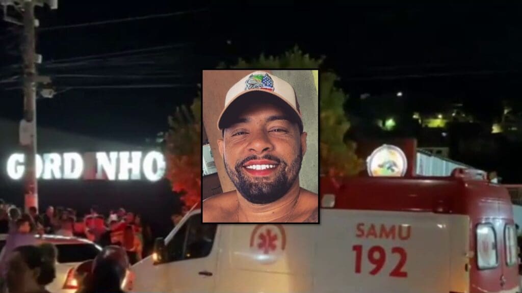 Arte entrada da boa Gordinho Sambão após homicídio de um homem, dezenas de pessoas e uma ambulância do SAMU, e centralizado a foto da vítima, um homem sem camisa de bone e sorrindo