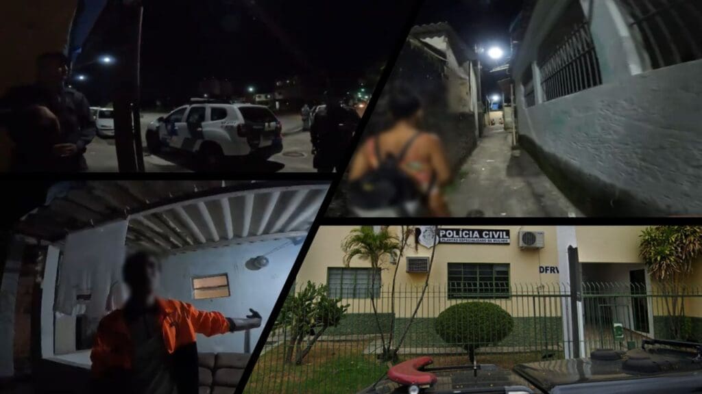 Arte com 4 imagens na primeiras equipes da PM, estacionadas proximo a um beco, no bairro Jardim Tropical, na segunda uma jovem de 17 anos andando em um viela acompanhada de um PM, na terceira o homem acusado de agressão com um dos braços estendidos relatando o que teria ocorrido, e na quarta imagem o predio da Delegacia do Plantão Especiadizado em atendimento a mulheres (PEM)