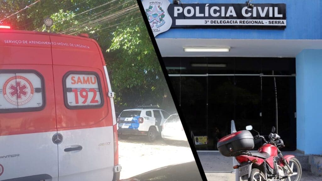 Arte com 2 imagens, na 1ª imagem a foto de uma ambulância estacionada em uma rua com carros em volta, na 2ª imagem a entrada da sede da 3ª Delegacia Regional situada na Serra