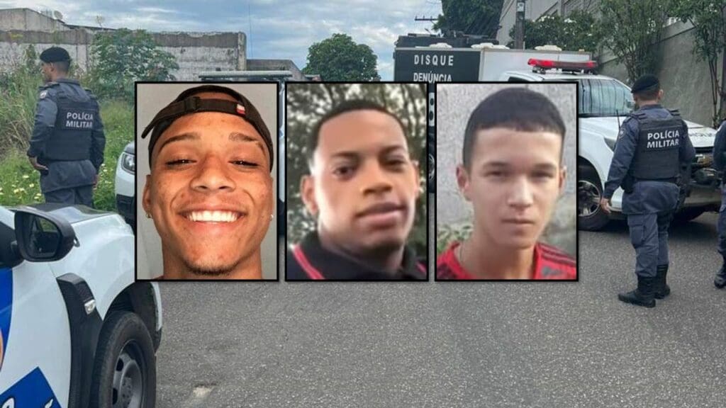 Arte com a foto de uma rua no bairro de Cariacica, com viaturas da PM e o Rabecão do Departamento Médico Legal (DML), e a foto do rosto de 3 homens, que foram assassinados a tiros