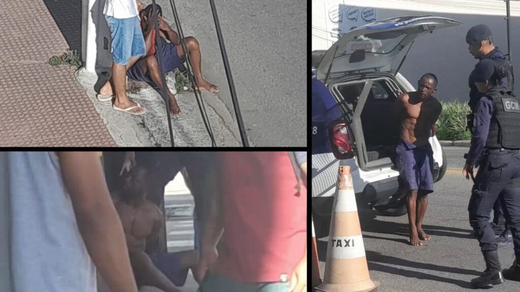 Arte com três imagens, na primeira um homem sentado na calçada com as mãos no rosto, com um homem em pé parado ao seu ado, na segunda imagem um assaltante sentado na calçada de uma avenida do bairro Novo Horizonte, cercado de pessoas e dois agentes da GCM, na terceira foto o assaltante algemado parado em frente a gaiola da viatura da Guarda Civil Municipal da Serra e dois agentes da GCM, mandando o homem entrar na viatura.