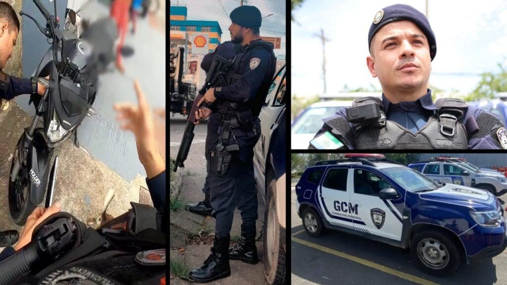 Arte com três imagens na primeira imagem a moto recuperado durante uma ocorrência, a segunda o Agente da Guarda da Serra Dias em pe com uma arma nas mãos, terceira imagem o Agente da Guarda da Serra Luciano Chabudé, e na quarta foto uma viatura da Guarda da Serra estacionada em um patio.