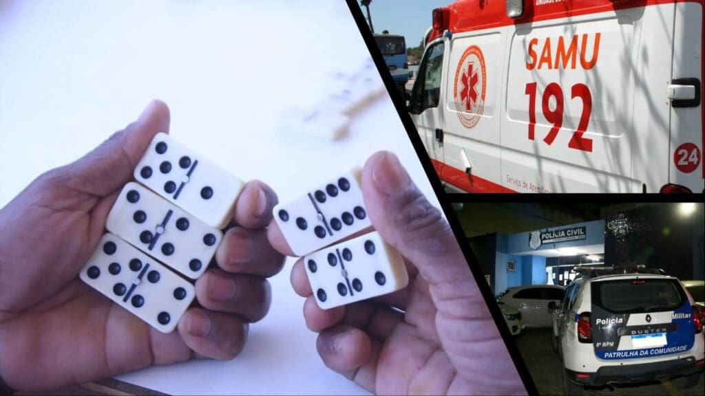 Arte com 3 imagens, na 1ª duas mãos segurando pedras de domino e no fundo desfocado uma mesa e peças de domino, 2ª imagem uma ambulância do SAMU, e 3ª imagem entrada da sede da 3ª Delegacia Regional situada na Serra