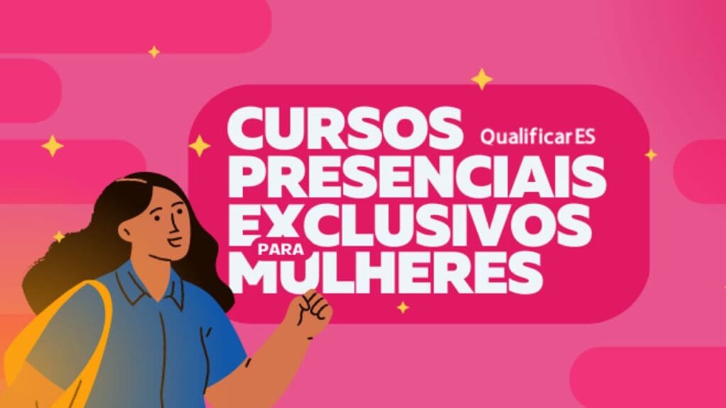 Arte de divulgação do programa do Governo do ES, Qualificar ES exclusivo para Mulheres, na arte tem um desenho de uma mulher apontando para a descrição Cursos presenciais exclusivos para Mulheres