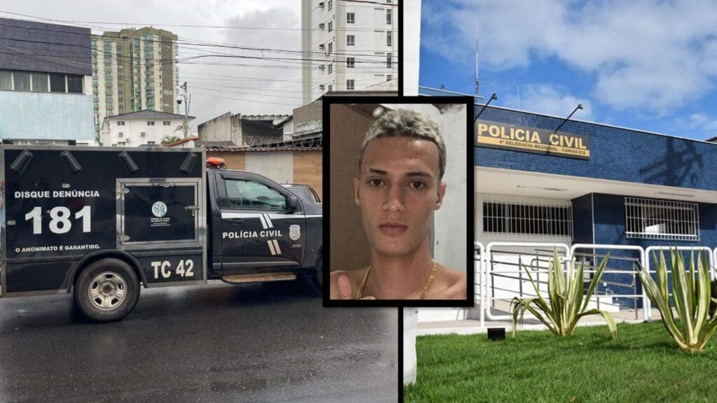 Arte com três imagens na primeira o veículo utilizado para transportar corpos de vítimas, apelidado de Rabecão, na segunda imagem a sede da Delegacia de Cariacica, e centralizado uma foto de um jovem, fazendo o sinal de joia com o dedo e sem camisa, o rapaz foi vítima de homicídio