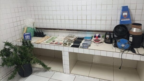 Sobre um banco na Delegacia Regional situada na cidade da Serra, quatro tabletes de maconha, 534 unidades de LSD, dois pés de maconha, cocaína, celulares, rádios comunicadores e dinheiro.