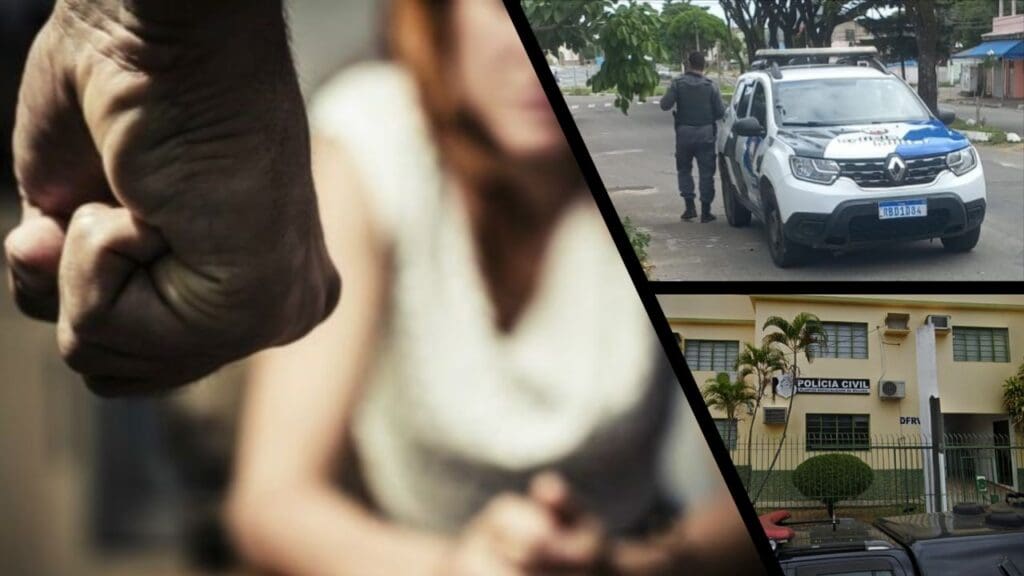 Arte com 3 imagens, na primeira a imagem de um homem de punhos fechado com um fundo desfocado uma mulher, simulando uma agressão, na segunda a imagem de uma viatura da PM estacionada em uma rua com um Policial Militar parado ao lado, e na terceira imagem a sede do Plantão especializado em atendimento a mulher (PEM)