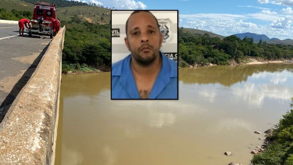 Arte com duas imagens na primeira uma vista panorâmica de uma ponte e o rio Doce, localizado na cidade de Colatina, e centralizado em destaque uma foto de um homem acusado de ter assassinado e esquartejado um idoso de 73 anos