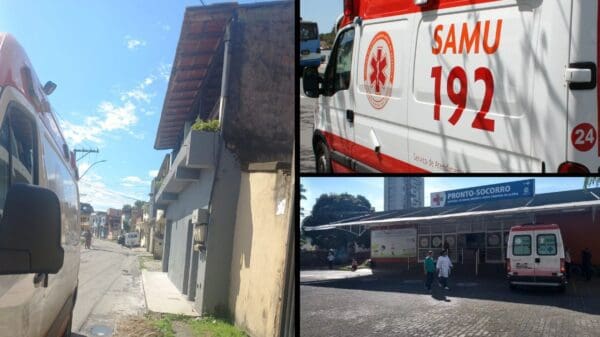Arte com 3 imagens na primeira a foto de uma casa de dois andares e uma ambulância do SAMU, na segunda imagem o close de uma ambulância, e na terceira imagem a vista panoramica do hospital infantil Maria Gottardi situado em Vitória