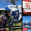 Arte com 3 imagens, na primeira o helicóptero do nortear realizando um resgate, na segunda imagem uma ambulância do SAMU, e na terceira imagem, o helicóptero pousando no heliporto.