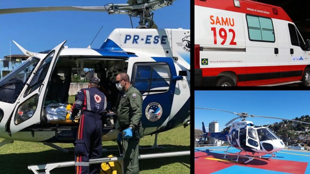 Arte com 3 imagens, na primeira o helicóptero do nortear realizando um resgate, na segunda imagem uma ambulância do SAMU, e na terceira imagem, o helicóptero pousando no heliporto.