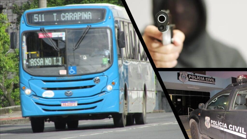 Arte com três imagens, na primeira um ônibus do sistema Transcol, com o letreiro T.Carapina, na segunda imagem um homem de blusa e capuz armado, apontando a arma para tela, a arma está em destaque e o homem está desfocado, e na terceira imagem a entrada da Delegacia Regional da Serra