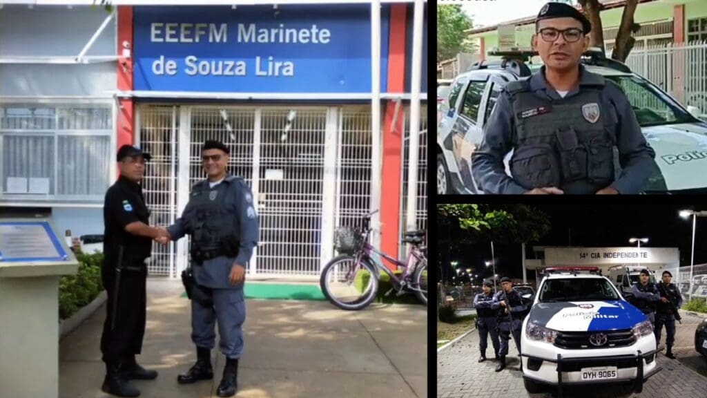 Arte com 3 imagens, na primeira a foto do Sargento Mauricio apertando a mão do segurança de uma escola, na segunda o Sargento Mauricio Sousa, em frente a uma viatura e na terceira 4 soldados dois de cada lado, de uma viatura e ao fundo o a sede do Batalhão da 14ª Cia Ind.