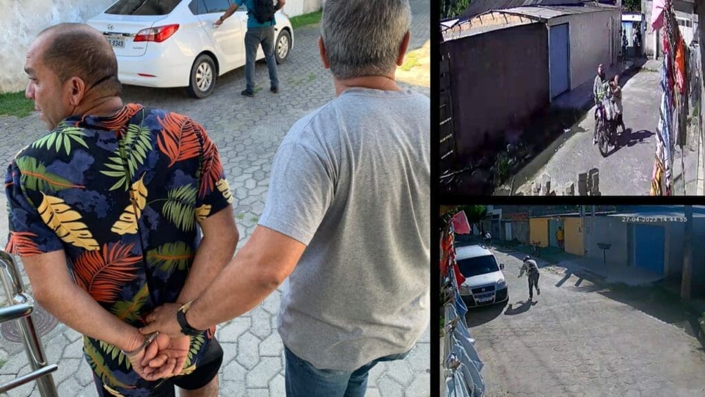 Arte com três imagens, na primeira imagem em uma rua de paralelepípedo, um homem algemado com as duas mãos para trás, e um Policial Militar segurando o homem, e um veículo estacionado um pouco a frente, com um homem se preparando para abrir a porta de trás do veículo, na segunda imagem um homem em cima de uma motocicleta sendo atacado por um homem com uma faca na mão, e na terceira imagem, a vítima de facadas, cambaleando e tentando pedir ajuda