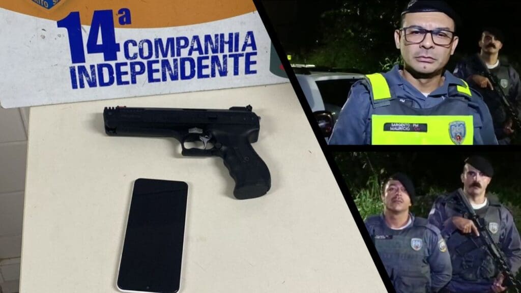 Arte com três imagens na primeira sobre o capo da viatura da Polícia Militar, uma réplica de pistola e um celular, na segunda foto em uma rua de Jacaraípe o Sargento Mauricio Sousa, e no fundo soldado da PM Scamparle e uma viatura, e na terceira imagem a foto dos soldados Scamparle e Danielson e em frente a uma viatura.