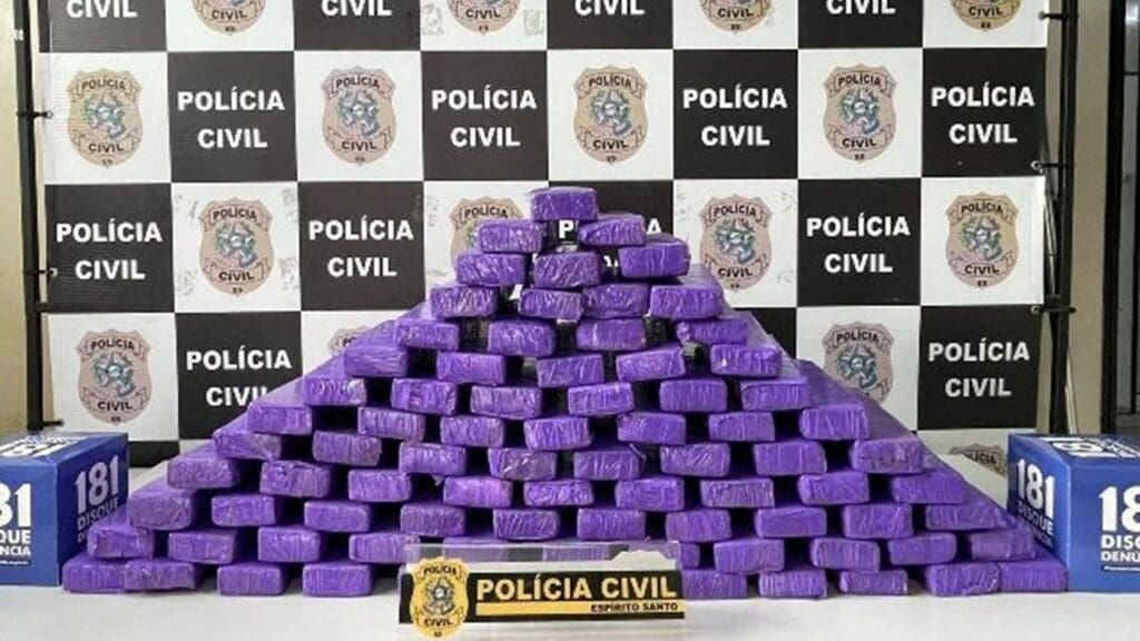 Sobre uma mesa 50 quilos de maconha, empilhadas, ao fundo um banner da Policia Civil