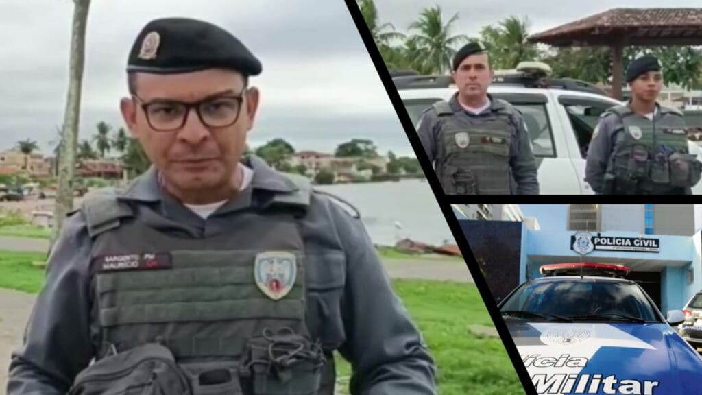 Arte com 3 imagens na primeira o Sargeno da 14ª Cia Ind Mauricio Sousa, na segunda imagem a foto do Sargento Sergio e Soldado Estefani e na terceira imagem, a entrada da 3ª Delegacia Regional da Serra.