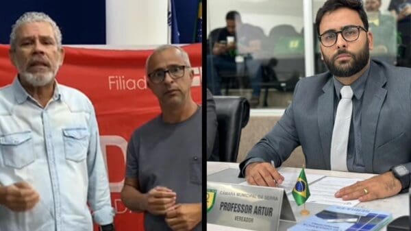 Foto do lado esquerdo dois sindicalistas do sindicato dos Professores, SINDIUPES e do lado direito Professor Artur, vereador da Serra