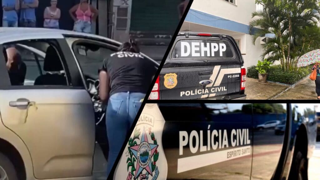 Arte 3 imagens na primeira imagem uma Policial Civil realizando uma perícia em um veículo estacionado, na segunda a imagem de uma viatura da DHPP, estacionada em frente a uma Delegacia e na terceira imagem uma foto enquadrando o lado de uma viatura, onde fica o logo da Polícia Civil do ES