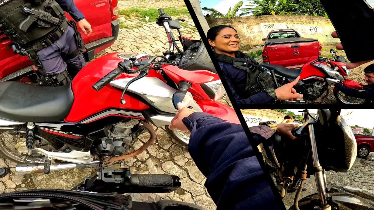 Arte com três imagens na primeira a foto do agente Chabude, segurando uma motocicleta e apontando o número do chassi clonado, na segunda foto a equipe da GCM ao lado da motocicleta, e na terceira imagem a foto de outra motocicleta apreendida na ocorrencia.