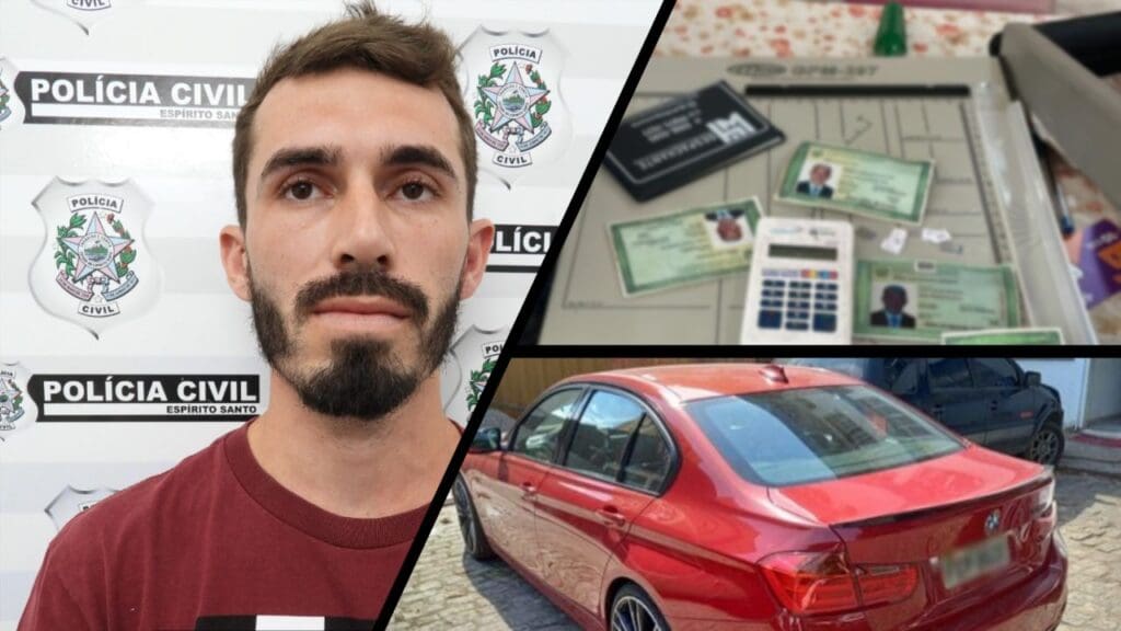 Arte com 3 imagens na primeira a foto do acusado de ser financiador do tráfico de drogas em Vitoria, na segunda imagem, vários documentos falsos, e na terceira imagem um veiculo BMW estaciondo em uma rua