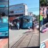 Arte com 3 imagens de um acidente envolvendo um ônibus e uma motociclista, em uma rua do bairro Castelândia, nas fotos há populares em volta de um ônibus, uma motocicleta caída no asfalto e a vítima de baixo do ônibus!