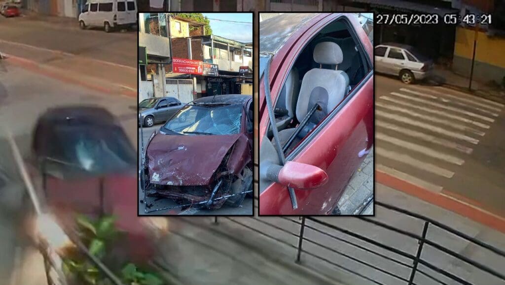 Arte com 3 imagens, a imagem em destaque, é a do momento em que um veículo colide em uma rampa de estacionamento de uma pizzaria, e as outras duas fotos centralizadas em destaque, são a foto do estado do veículo, totalmente destruído após o acidente e outra foto de uma barra de ferro que atravessou o veículo e perfurou o banco do motorista.