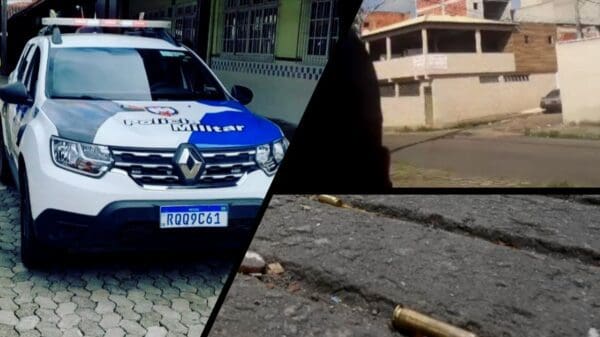 Arte com 3 imagens, na primeira uma viatura da Polícia Militar, na segunda imagem um morador gravando uma das ruas do bairro Planalto Serrano, escondido durante o tiroteio, e na terceira imagem capsulas de balas no chão.