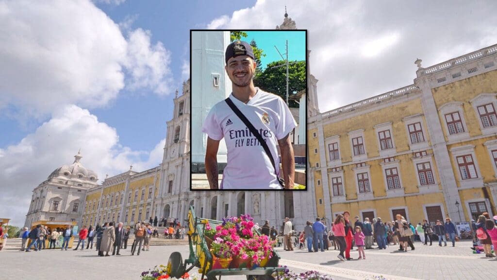 Foto de uma praça na cidade de Mafra em Portugal, e uma foto de um homem de 27 anos que faleceu em Portugal aparentemente vítima de um ataque cardíaco centralizada