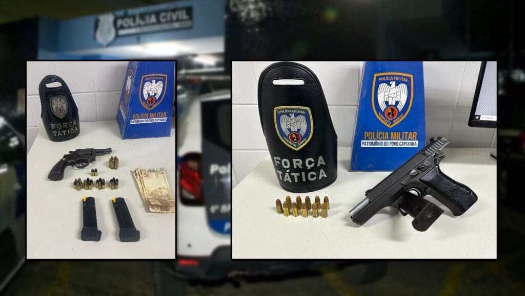 Arte com 2 imagens, de apreensões realizadas pela Polícia Militar na primeira sobre uma mesa branca um revólver 28 munições, dois pentes recarregadores e R$ 200 em cedulas, na segunda imagem uma pistola em pe com um carregador sendo usado como base e 11 munições calibre 9mm.