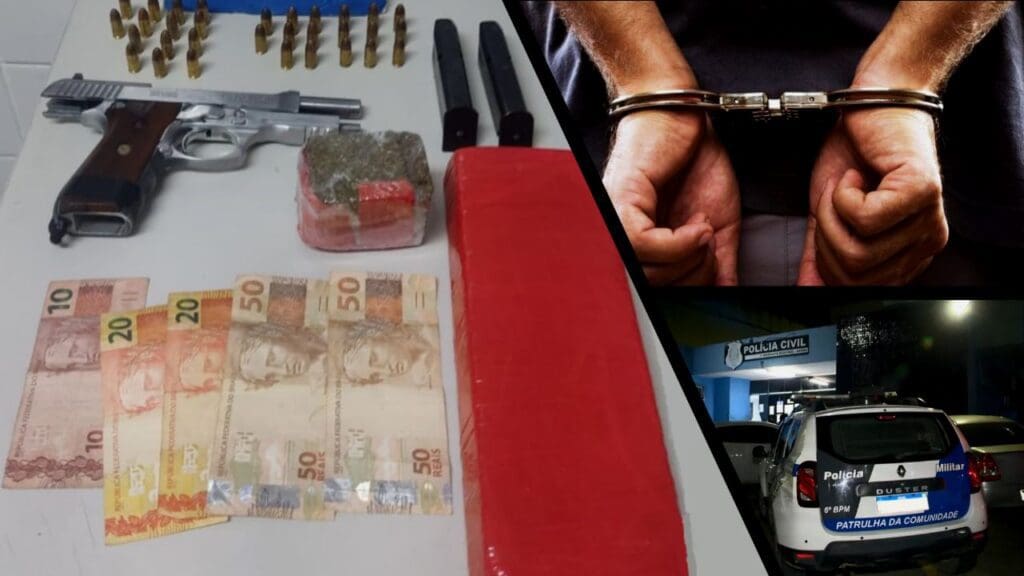 Sobre uma mesa branca uma pistola calibre 9mm com 17 munições, um carregador também municiado, além de dois tabletes de maconha e R$150,00 em espécie.