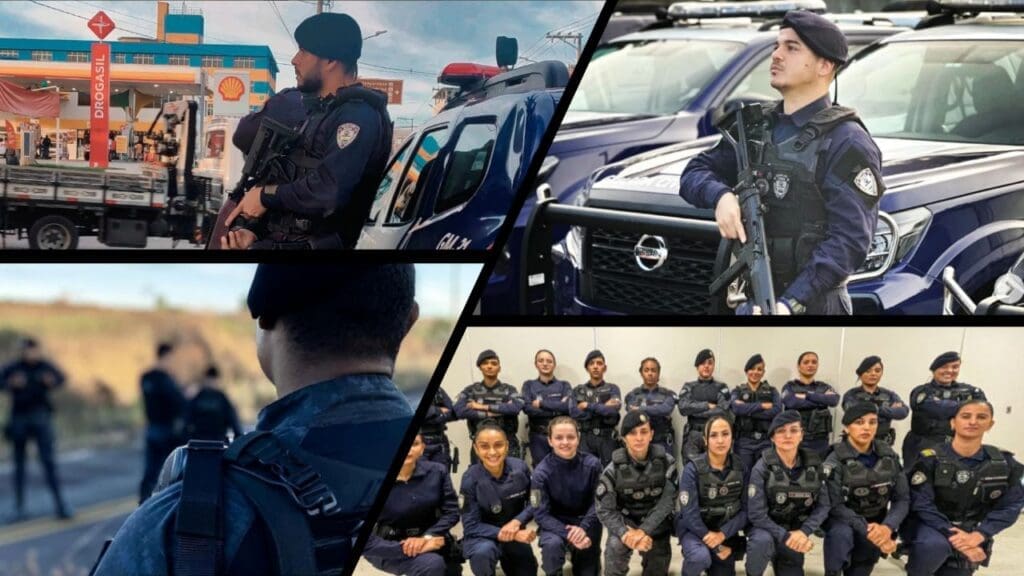 Arte com 4 imagens de agentes da Guarda Municipal, posando para fotos