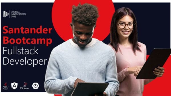 Arte promocional do Programa Santander Bootcamp 2023, com 2 jovens segurando tabletes.