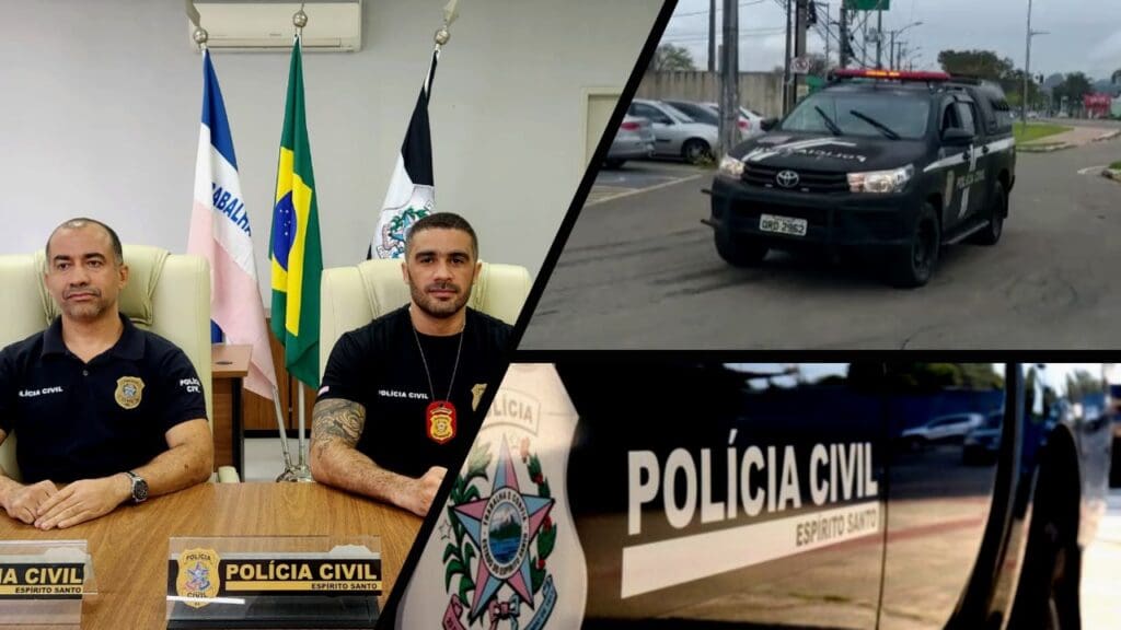 Arte com 3 imagens, uma durante a coletiva da Polícia Civil, com dois delegados na sala de imprensa com as mãos sobre a mesa e olhando para a camera, na segunda imagem uma viatura da Polícia Civil em uma via fazendo uma curva para a esquerda e na terceira em destaque uma foto do lado de uma viatura com o emblema da Polícia Civil do ES