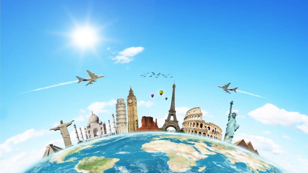 Governo do ES abre as inscrições para Programa de Intercâmbio Estudantil 2023 Imagem representando intercambio, onde apresentam vários pontos importantes de países pelo mundo