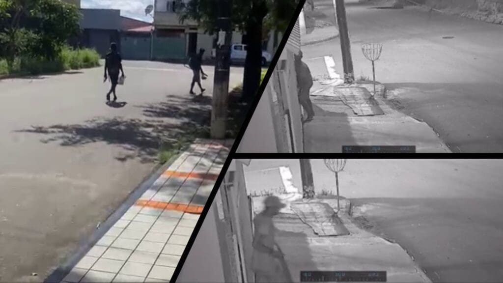 Arte com 3 imagens na primeiras dois homens andando em uma rua do bairro Nova Carapina II, segunda imagem um homem encostado em um portão forçando a entrada em uma residencia, e na terceira imagem um homem após realizar roubo saindo com um carrinho de dentro da residência