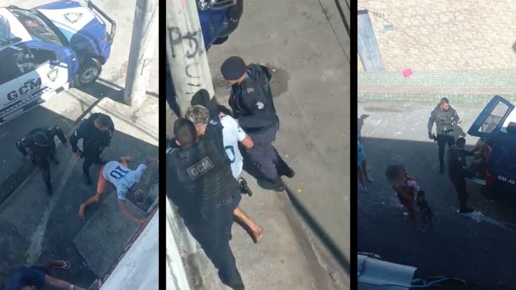 Arte com 3 imagens de agentes da Guarda da Serra realizando a prisão de um jovem em uma rua do bairro de Vila Nova de Colares.