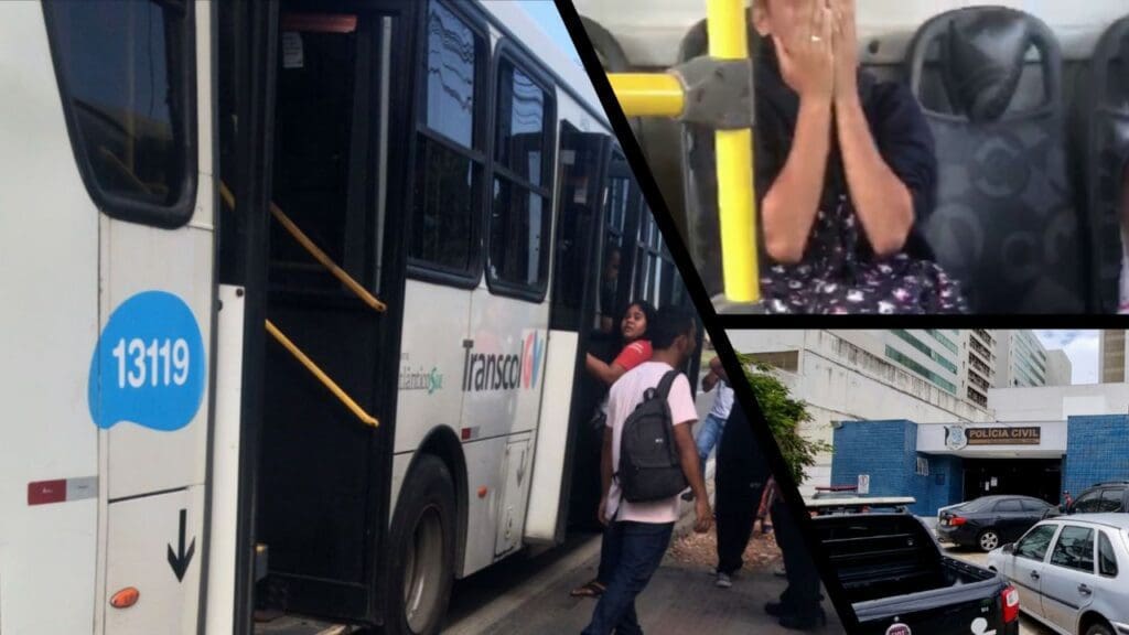 Arte com 3 imagens na primeira um ônibus do sistema Transcol, parado com passageiros em volta, na segunda imagem uma mulher sentada em um banco do ônibus com as mãos, no rosto aparentando estar desesperada, no terceira imagem a entrada da 3ª Delegacia Regional situada na Serra.